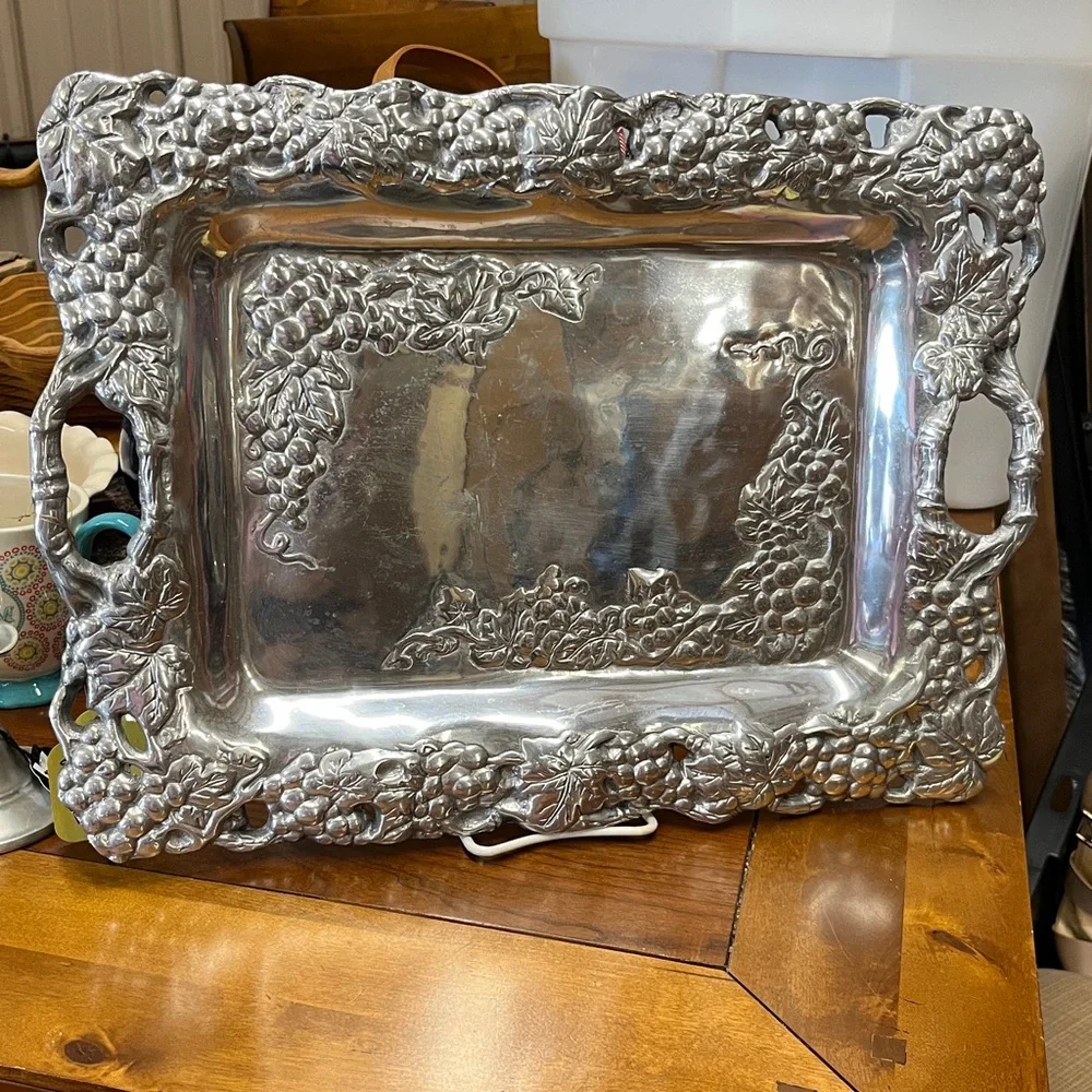 Arthur Court 17” Ornate HEAVY Silver Tray with Grape Design